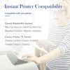 A woman is holding a tablet and looking at a printer. The image contains text about printer compatibility. Produktbild-Vorschau