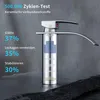 A close-up of a faucet with text overlay detailing its features and test results. Produktbild-Vorschau