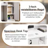 Close-up of a white desk with a keyboard, mouse, and stacked books, next to a cabinet with shelves and folders. Produktbild-Vorschau