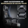 A gaming chair with a graphic of a spine overlaid, and inset images showing the headrest and lumbar support. Produktbild-Vorschau