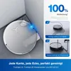 A robot vacuum cleaner is shown cleaning a corner, with inset images demonstrating its cleaning capabilities around cables and chair legs. Text highlights its 100% coverage and advanced sensors. Produktbild-Vorschau