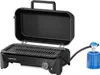 A black portable gas grill with its lid open, connected to a blue gas canister via a black hose. Náhľad obrázku produktu