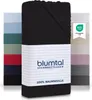 A stack of folded fitted sheets in various colors, with a black sheet prominently displayed in the foreground. Produktbild-Vorschau