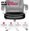A black office chair seat is shown with overlaid text and icons detailing its features. Voir les images du produit