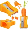 A collage of images showing a vegetable peeler and decorater, a carrot, and shredded carrots. Produktbild-Vorschau