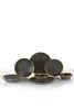A collection of black ceramic plates and bowls with gold trim, arranged on a white background. Produktbild-Vorschau