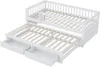 A white wooden bed frame with a pull-out trundle bed and two drawers, shown from a diagonal angle against a white background. Produktbild-Vorschau