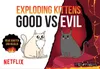 A promotional image for the Exploding Kittens Good vs Evil card game, featuring two cartoon cats and game title. Podgląd zdjęcia produktu