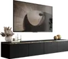 A modern black TV stand with gold trim, mounted on a white background, with a large flat-screen TV above it. Produktbild-Vorschau