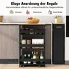 A kitchen cart with four shelves, showcasing different item heights and examples of items that can be stored on each shelf. Podgląd zdjęcia produktu