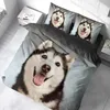 A bed with a duvet cover and pillowcases featuring a 3D print of a husky dog. Produktbild-Vorschau