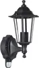 A black outdoor wall lantern with a motion sensor. Produktbild-Vorschau