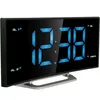 A digital alarm clock with a black face and blue illuminated numbers, displayed on a silver stand. Produktbild-Vorschau