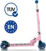 A pink scooter with blue wheels and handlebars, shown on a white background with certification logos. Produktbild-Vorschau