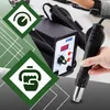 A close-up marketing image of a hot air soldering station with two nozzles, set against a light gray and white background with green diamond overlays containing icons. Produktbild-Vorschau
