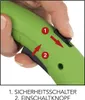 A close-up of a hand operating a green power tool, with numbered indicators and arrows showing how to use the safety switch and power button. Produktbild-Vorschau