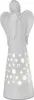 A white ceramic angel figurine with cut-out star shapes that are illuminated from within. Produktbild-Vorschau