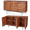 A two-part image showing a wooden sideboard with dimensions indicated by white lines and text. The top part shows the exterior of the sideboard, and the bottom part shows the interior with shelves. Náhled obrázku produktu