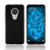 A black phone case is shown next to a smartphone displaying a blue abstract wallpaper. Produktbild-Vorschau