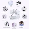 A collage of images showcasing different features of a white electric sewing machine. Produktbild-Vorschau