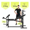A man stands next to a black weight bench with yellow informational overlays indicating weight capacities. Produktbild-Vorschau