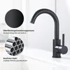 A black kitchen faucet is shown in a studio setting with close-up details of its surface treatment and material. Produktbild-Vorschau