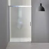 A shower enclosure with frosted glass and a silver frame, set against a light gray wall and a light wooden floor. A pendant light hangs from the ceiling. Produktbild-Vorschau