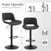 Two black bar stools are shown, one in the foreground and one in the midground. Text and diagrams highlight the adjustable height feature and a 360-degree swivel function. Produktbild-Vorschau