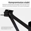 Close-up of a black metal table leg mechanism with text overlays describing its features. Podgląd zdjęcia produktu