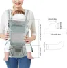 A woman is wearing a baby carrier with a baby inside. There are diagrams with measurements on the right side of the image. Náhled obrázku produktu