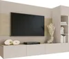 A modern media console with a television mounted above it, decorated with minimalist vases and dried flowers. Produktbild-Vorschau