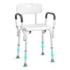 A white shower chair with armrests and a backrest, shown on a white background. Blue arrows indicate adjustable leg height. Podgląd zdjęcia produktu