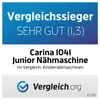 An image showing a rating and comparison result for a sewing machine. It features text indicating a 'Winner' and 'Very Good' rating, along with the product name 'Carina 1041 Junior Sewing Machine'. The bottom section displays a logo and website name 'Vergl Produktbild-Vorschau