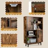 A collage of close-up images highlighting features of a wooden bookshelf, alongside a full image of the bookshelf itself. Podgląd zdjęcia produktu