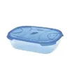 A clear, studio shot of a blue and transparent plastic food storage container with a lid, isolated on a white background. Produktbild-Vorschau