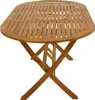 A wooden garden table with a slatted oval top and a folding X-shaped base, shown against a white background. Produktbild-Vorschau