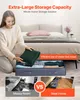 A woman is placing a folded green blanket into a large under-bed storage container. The image also shows a comparison of a messy room versus a neat home. Náhled obrázku produktu