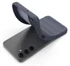 A dark blue phone case is shown being placed onto a dark gray smartphone. Produktbild-Vorschau