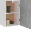The inside of a white cabinet with a grey door, showing two shelves with kitchenware. Produktbild-Vorschau