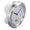 A close-up, angled view of a bathroom clock with a silver frame and white face. Produktbild-Vorschau