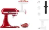 A red KitchenAid stand mixer with a meat grinder attachment, along with separate grinder parts and a bowl of ground meat. Produktbild-Vorschau