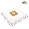 A white vacuum cleaner bag with a brown cardboard insert for the opening, shown on a white background with measurement indicators. Produktbild-Vorschau