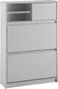 A light gray shoe cabinet with two flip-down drawers and a top compartment with shelves and a closed section. Produktbild-Vorschau