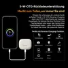 A smartphone is shown charging a pair of wireless earbuds, with text describing the reverse charging feature. Produktbild-Vorschau