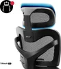 Close-up of the headrest and upper back of a black ergonomic office chair, with blue accents on the headrest. Voir les images du produit