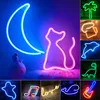 A collage of various neon signs in different shapes and colors, including a moon, cat, palm tree, beer mug, dolphin, dinosaur, ghost, musical note, the word 'love', a whale, and a guitar. Náhled obrázku produktu