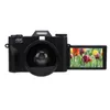A black digital camera with its screen displaying a picture of tulips, set against a white background. Podgląd zdjęcia produktu