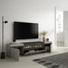 A modern living room with a TV stand featuring an electric fireplace, a large television, and decorative items. Produktbild-Vorschau