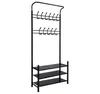 A black metal coat rack with three shelves for shoes. Produktbild-Vorschau