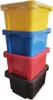 A stack of four plastic storage boxes in different colors. Produktbild-Vorschau